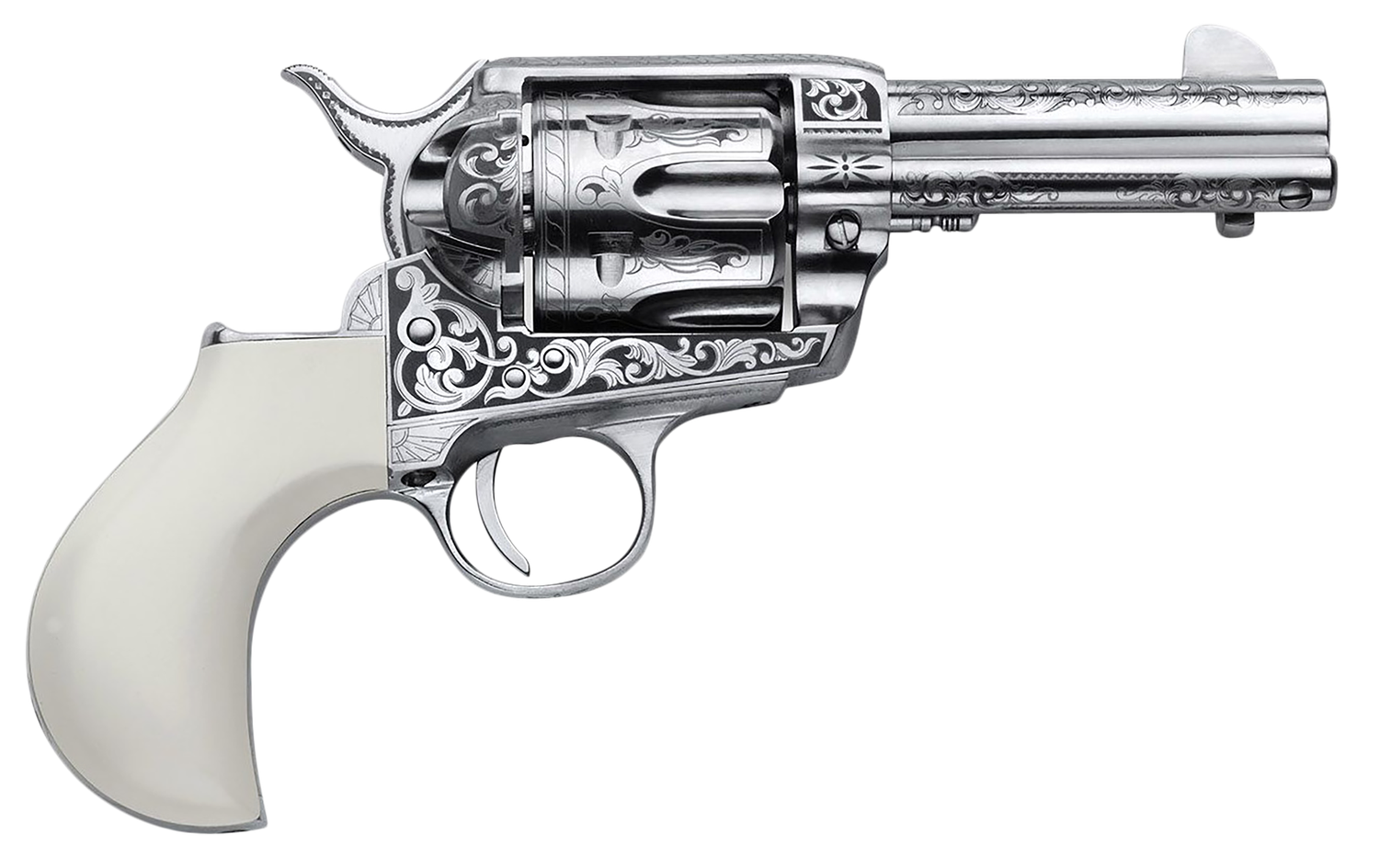 Cimarron Huckleberry Revolver PP346HUCKENG, 45 Colt (LC), 3.50in, Poly-Ivory w/"Huckleberry" Engraved On The Backstrap Grips, Steel Frame Finish, 6 Rds