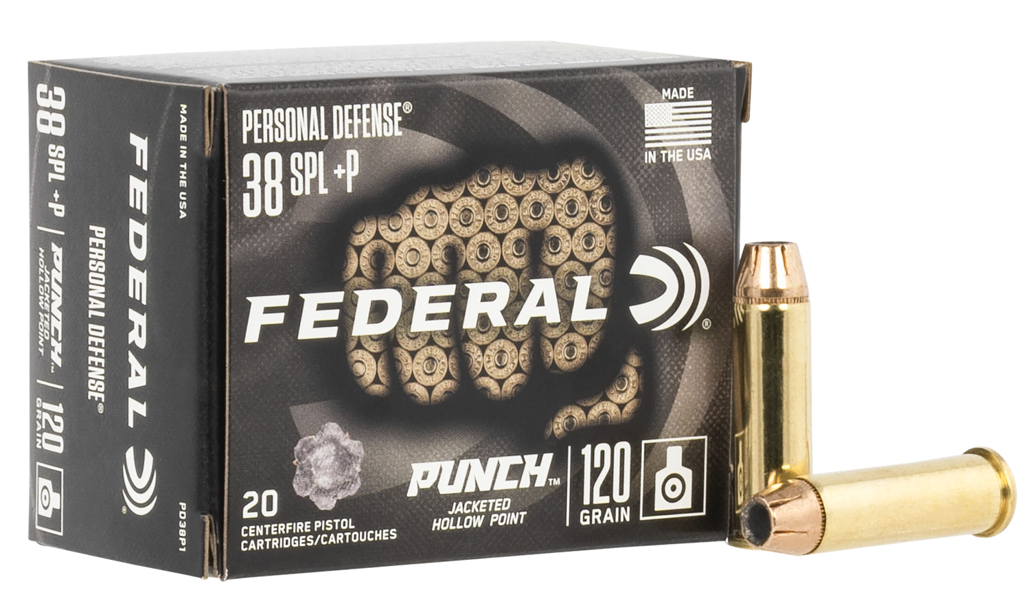 Federal Premium Punch Pistol Ammunition PD38P1, 38 Special, Jacketed Hollow Point (JHP), 120 gr, 1000 fps, 20 Rd/Bx