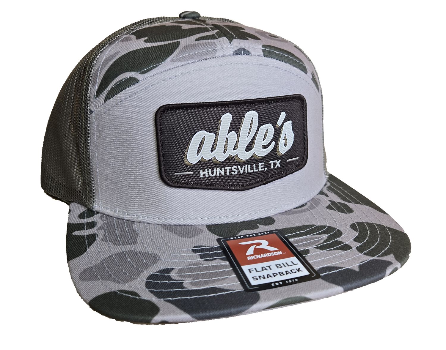 Able's Cap 168P 7 Panel Trucker, Marsh Duck Camo, Loden Mesh  (ACMDCL)