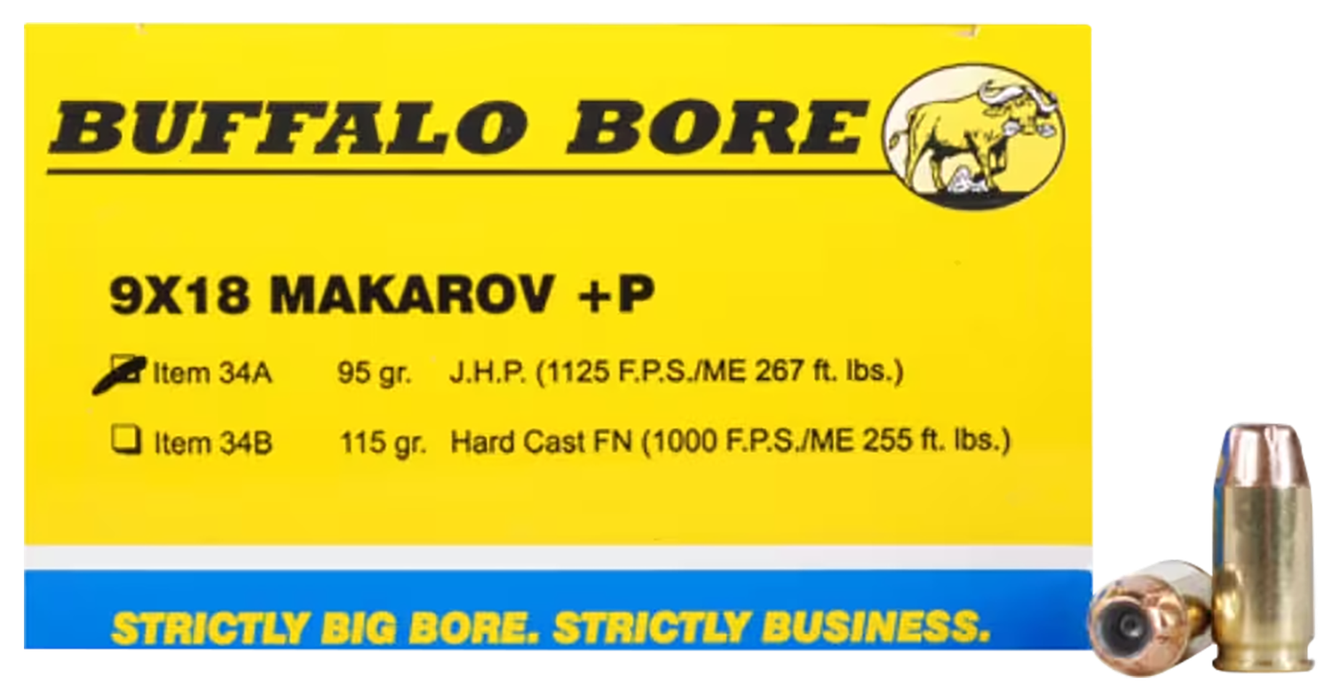 Buffalo Bore Handgun Ammunition 34A/20, 9x18mm +P (9mm Makarov), Jacketed Hollow Point (JHP), 95 GR, 1125 fps, 20 Rd/Bx