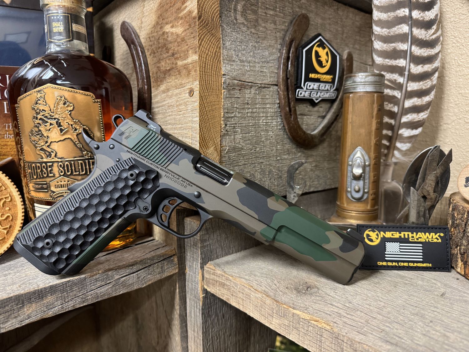 Nighthawk Custom Heinie Long Slide 9388-M81, 10MM, 6", Carbon Fiber Grips, Woodland Camo Finish, Optic Ready, 9 Rds