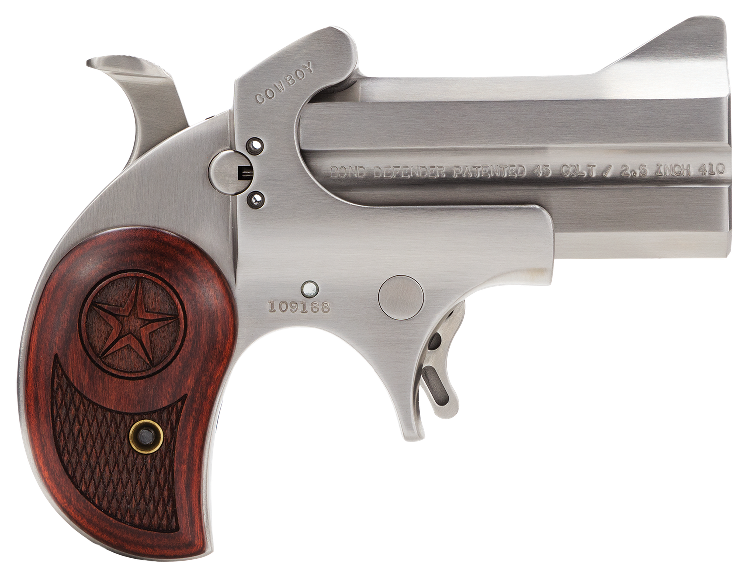 Bond Arms Cowboy Defender Derringer BACD45410, 410 GA / 45 Long Colt, 3", Lam Rosewood Grip, Satin Stainless Finish, 2 Rds
