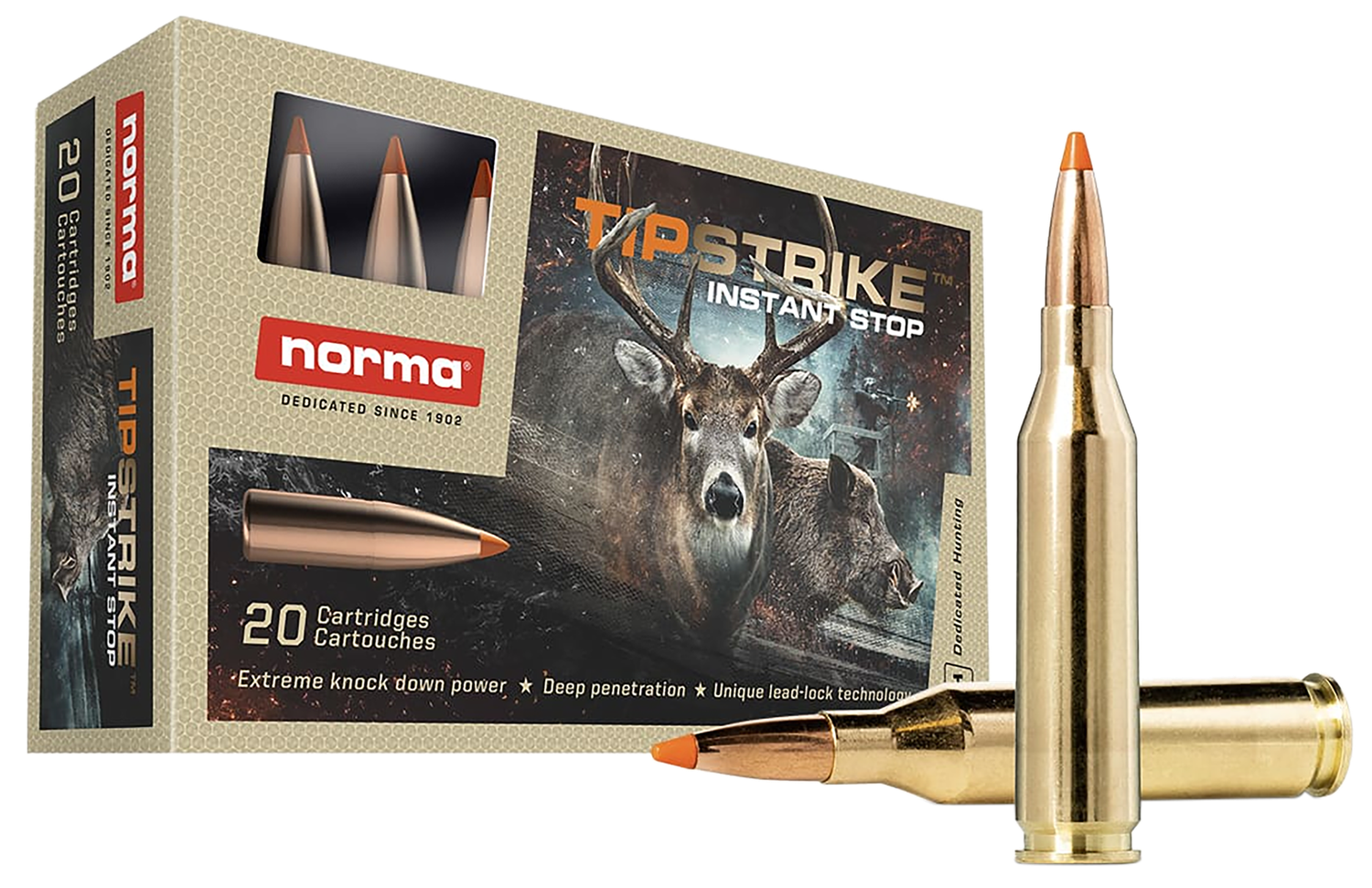 Norma Tipstrike Rifle Ammunition 20160052, 243 Win, Polymer Tip, 76 gr, 3445 fps, 20 Rd/Bx