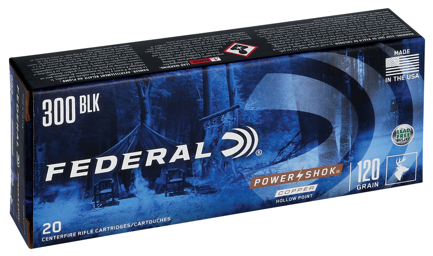 Federal Power-Shok Copper Rifle Ammunition 300BLK120LFA, 300 AAC Blackout, Copper, 120 GR, 2100 fps, 20 Rd/Bx