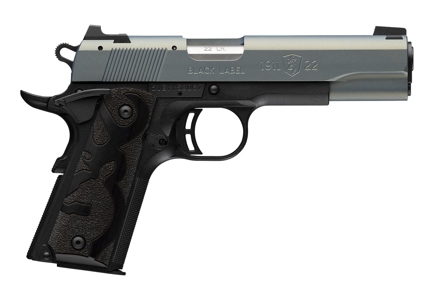 Browning Arms 1911 Black Label Pistol 051899490, 22 LR, 4.25", Black Laminate Wood Grips, Matte Black Finish, Northern Lights Cerakote Slide, 10 Rds