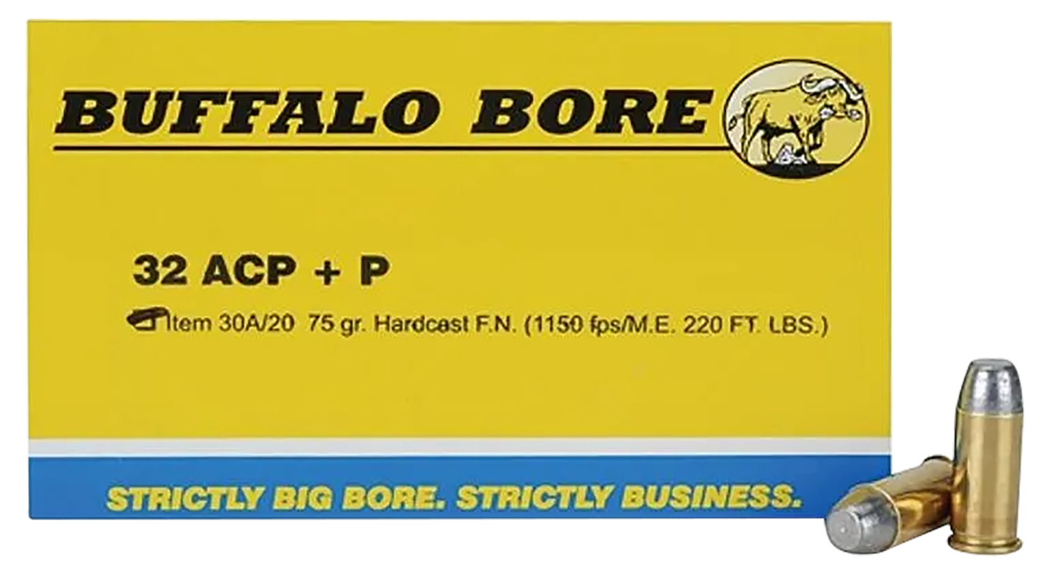 Buffalo Bore Handgun Ammunition 30A/20, 32 ACP +P, Hardcast Flat Nose (FN), 75 GR, 1150 fps, 20 Rd/Bx