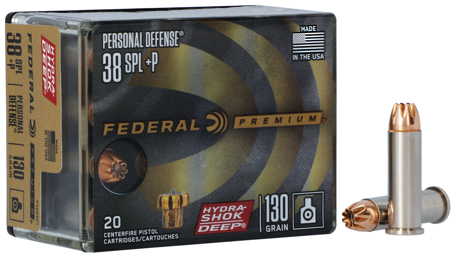 Federal Premium Pistol Ammunition P38HSD1, 38 Special, Hydra-Shok Deep Hollow Point, 130 gr, 900 fps, 20 Rd/Bx