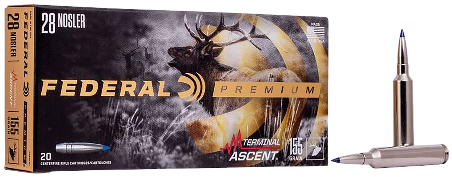 Federal Premium Rifle Ammunition P28NTA1, 28 Nosler, Terminal Ascent, 155 gr, 3200 fps, 20 Rd/Bx