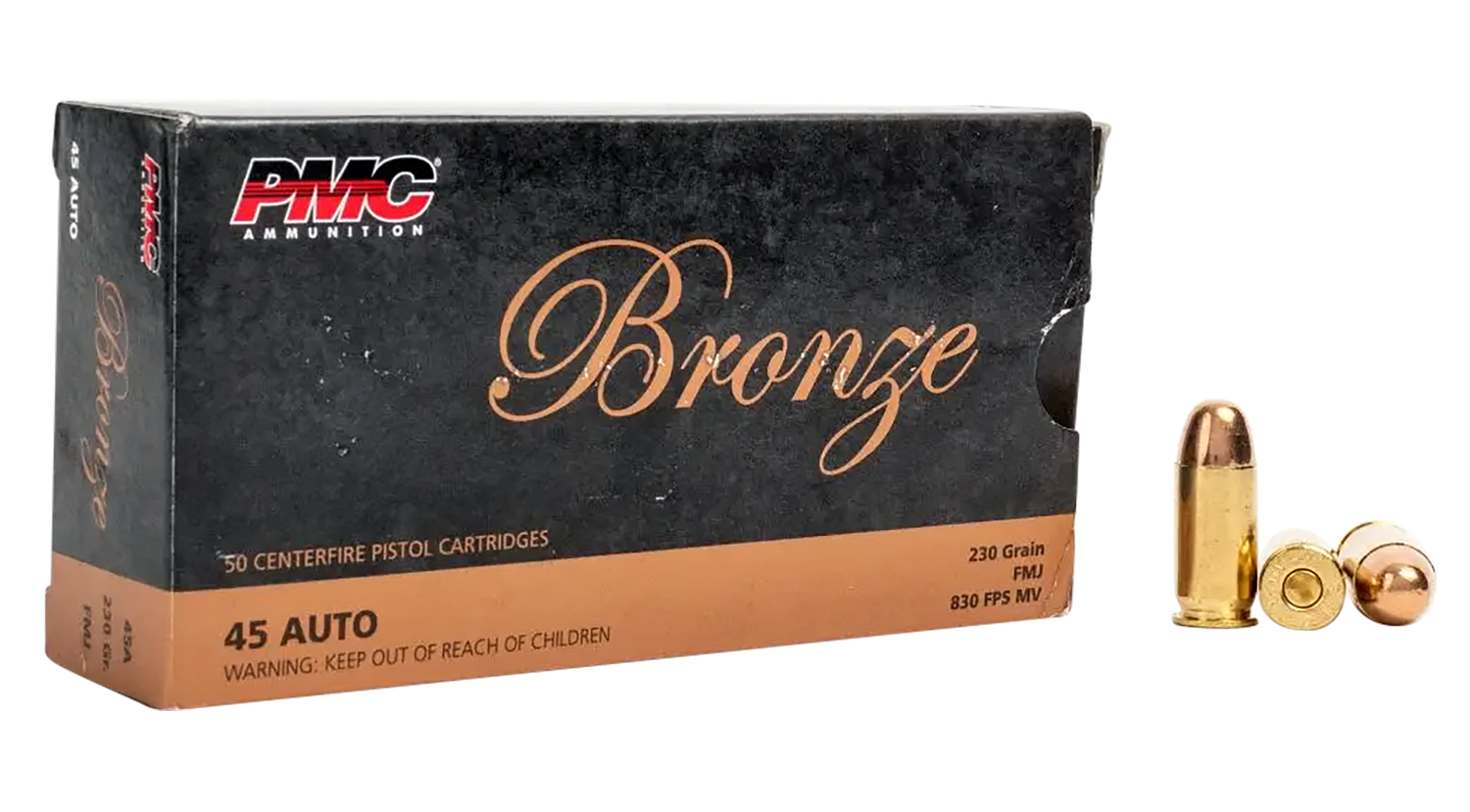 PMC Bronze Line Pistol Ammunition 45A, 45 ACP, Full Metal Jacket (FMJ), 230 GR, 830 fps, 50 Rd/bx