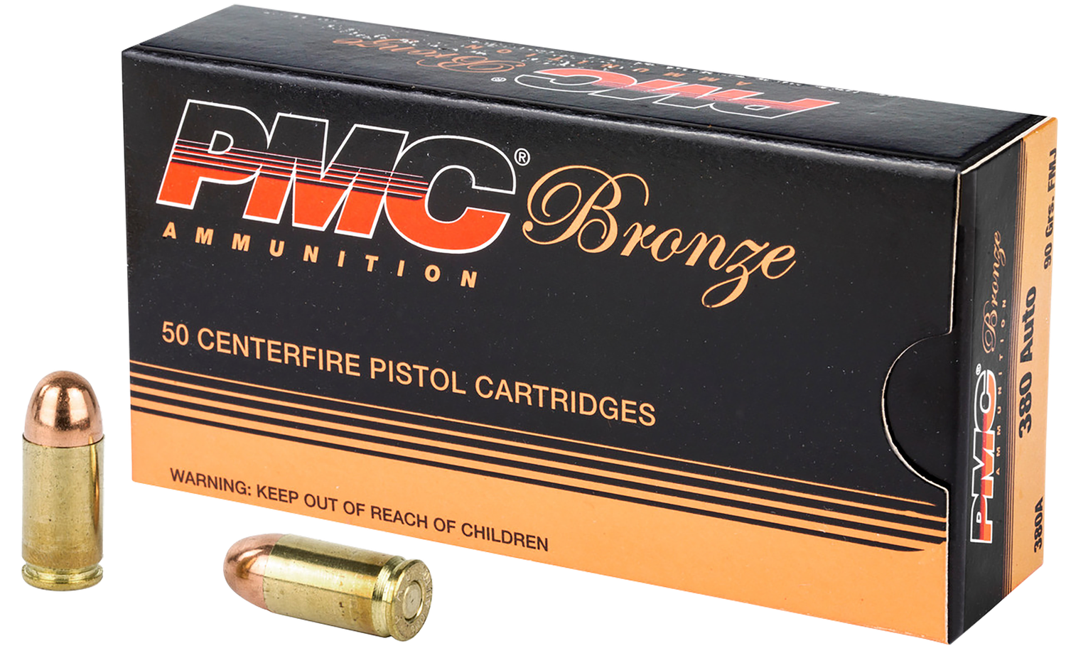 PMC Bronze Line Pistol Ammunition 380A, 380 ACP, Full Metal Jacket (FMJ), 90 GR, 920 fps, 50 Rd/bx