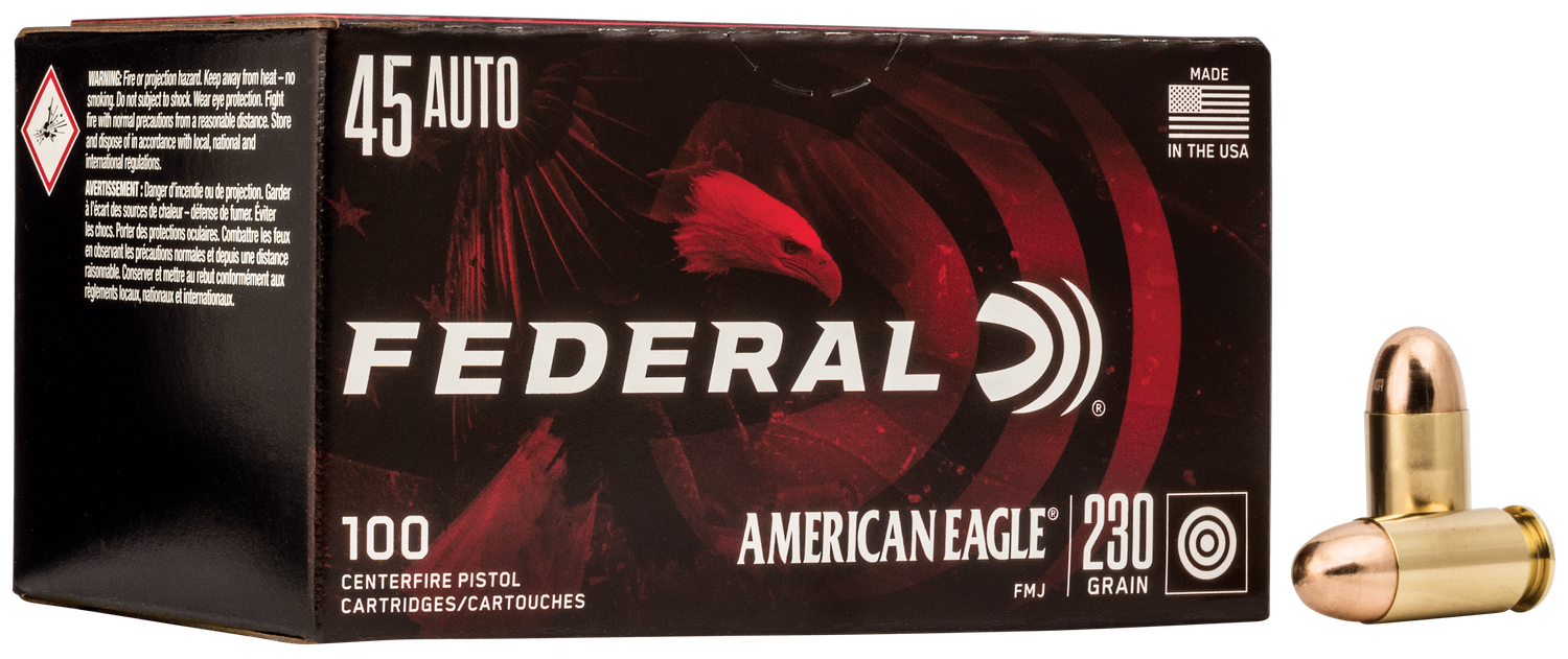 Federal American Eagle Pistol Ammunition AE45A100, 45 ACP, Full Metal Jacket (FMJ), 230 GR, 890 fps, 100 Rd/bx