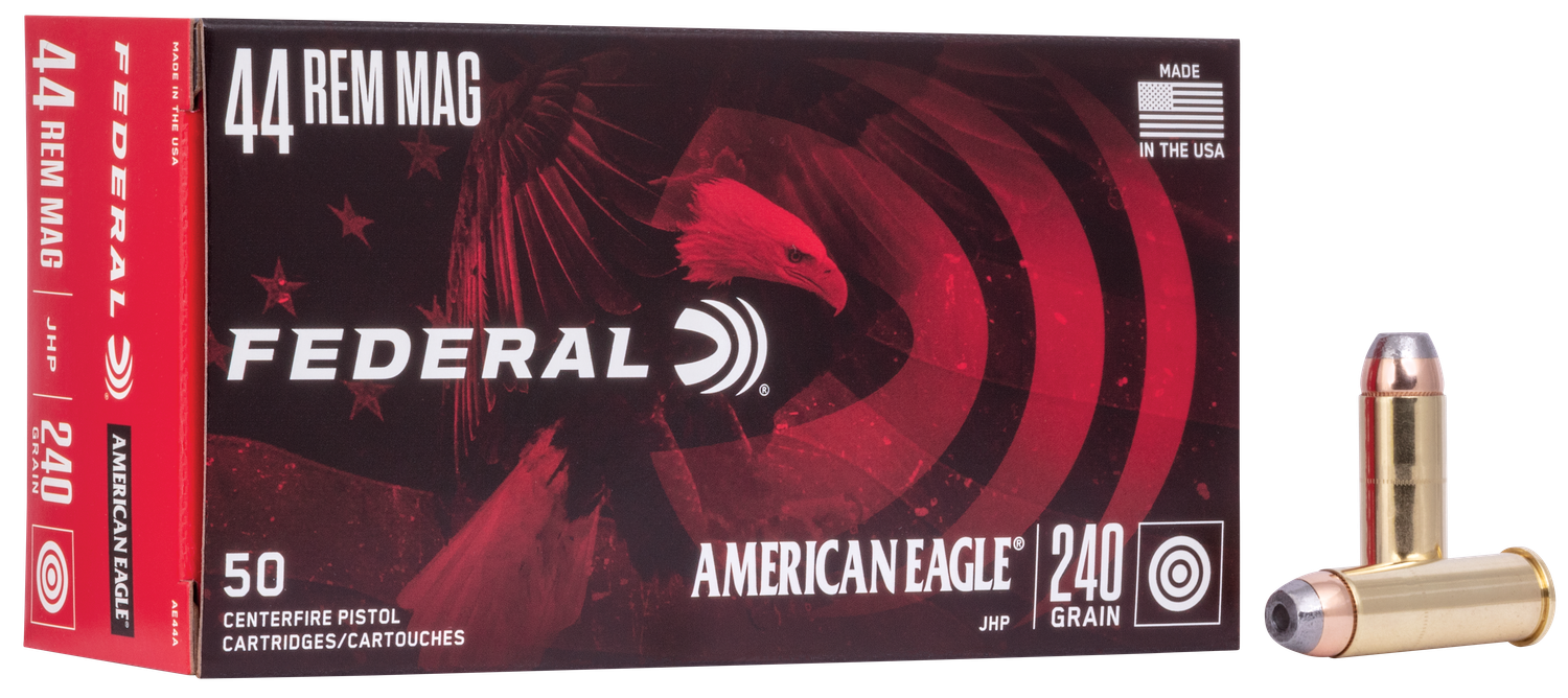Federal American Eagle Handgun Ammunition AE44A, 44 Remington Mag, Jacketed Hollow Point (JHP), 240 GR, 1230 fps, 50 Rd/bx
