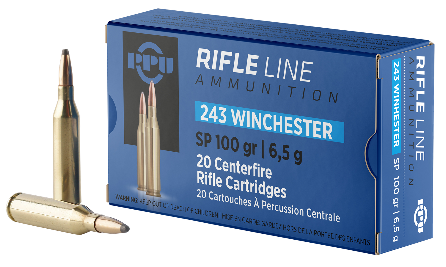 PPU Standard Big Game Rifle Ammunition PP2432, 243 Winchester, Soft Point (SP), 100 GR, 2960 fps, 20 Rd/Bx