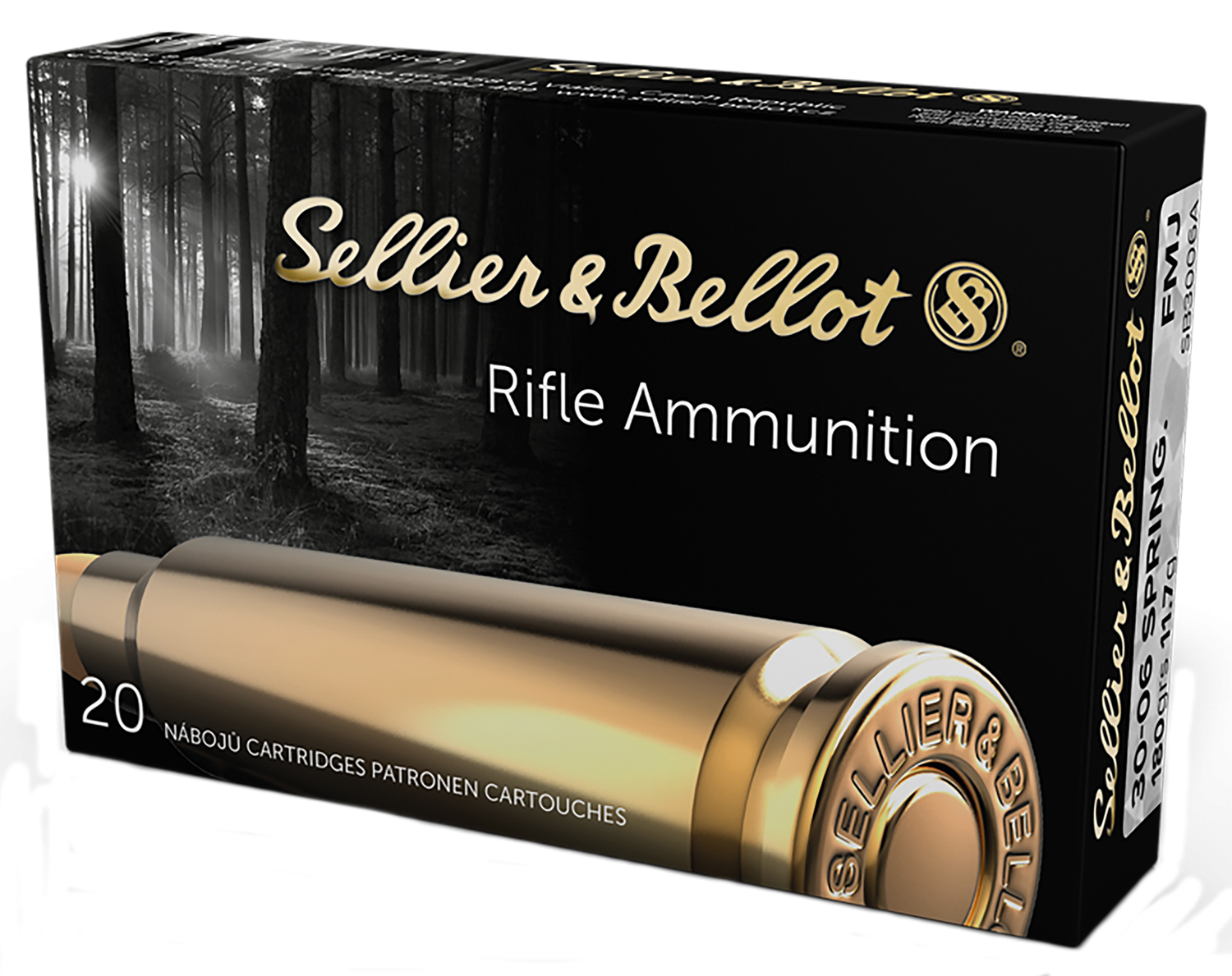 Sellier & Bellot Rifle Ammuntion SB3006A, 30-06 Springfield, Full Metal Jacket (FMJ), 180 GR, 2675 fps, 20 Rd/bx