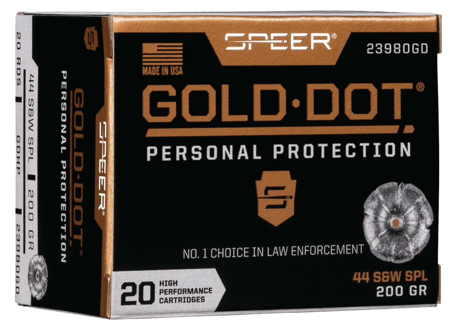 Speer Gold Dot Personal Protection Handgun Ammunition 23980GD, 44 Special, Gold Dot HP, 200 GR, 875 fps, 20 Rd/bx