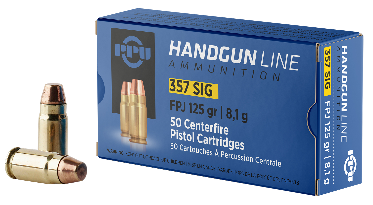 Prvi Partisan Pistol Ammunition PPH357S, 357 Sig, Flat Point Jacketed, 125 gr, 1542 fps, 50 Rd/Bx