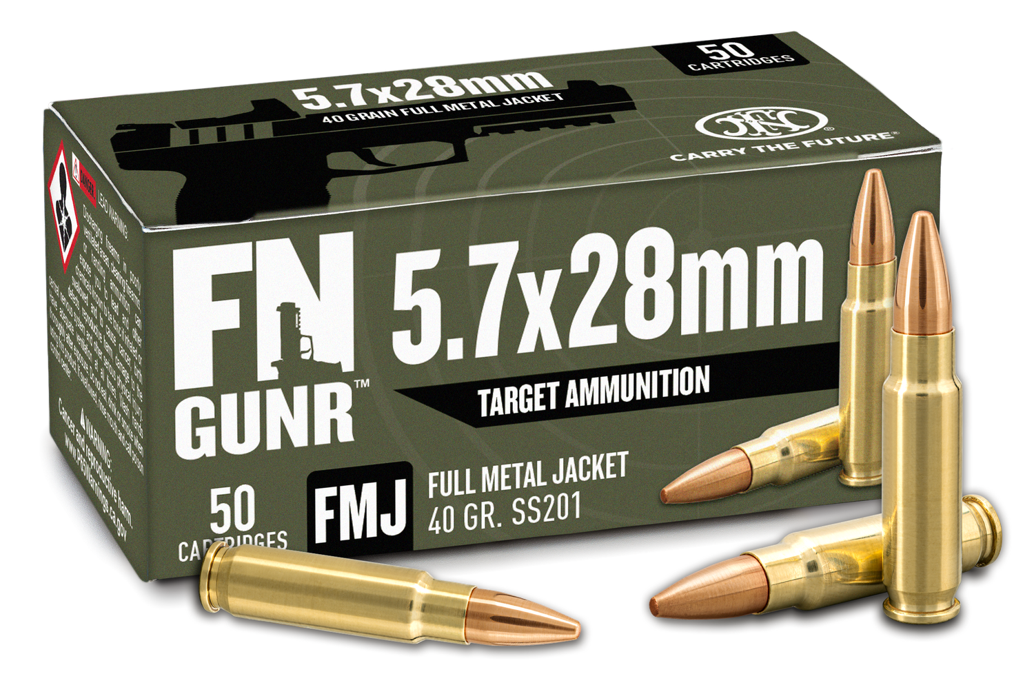 FN Herstal GUNR Pistol Ammunition 10700032, 5.7x28mm, Full Metal Jacket, 40 gr, 1700 fps, 50 Rd/Bx