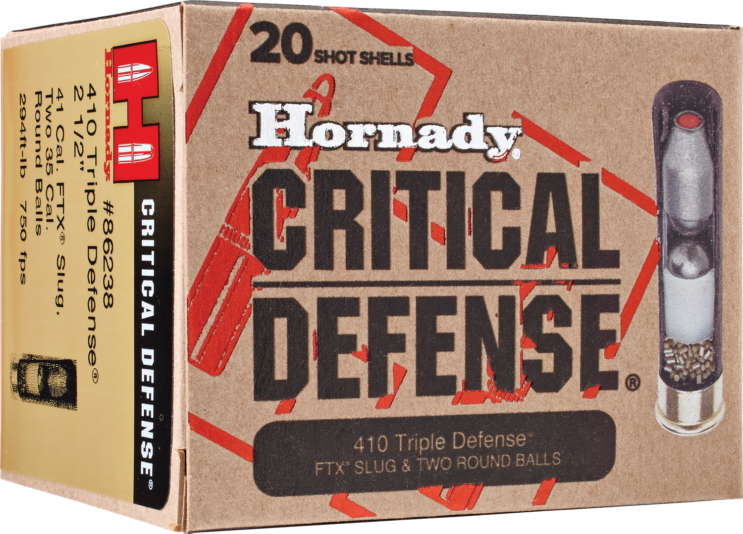 Hornady Critical Defense Shotshells 86238, 410 Gauge, 2-1/2", 750 fps, FTX Slug & 2 Round Balls, 20 Rd/bx