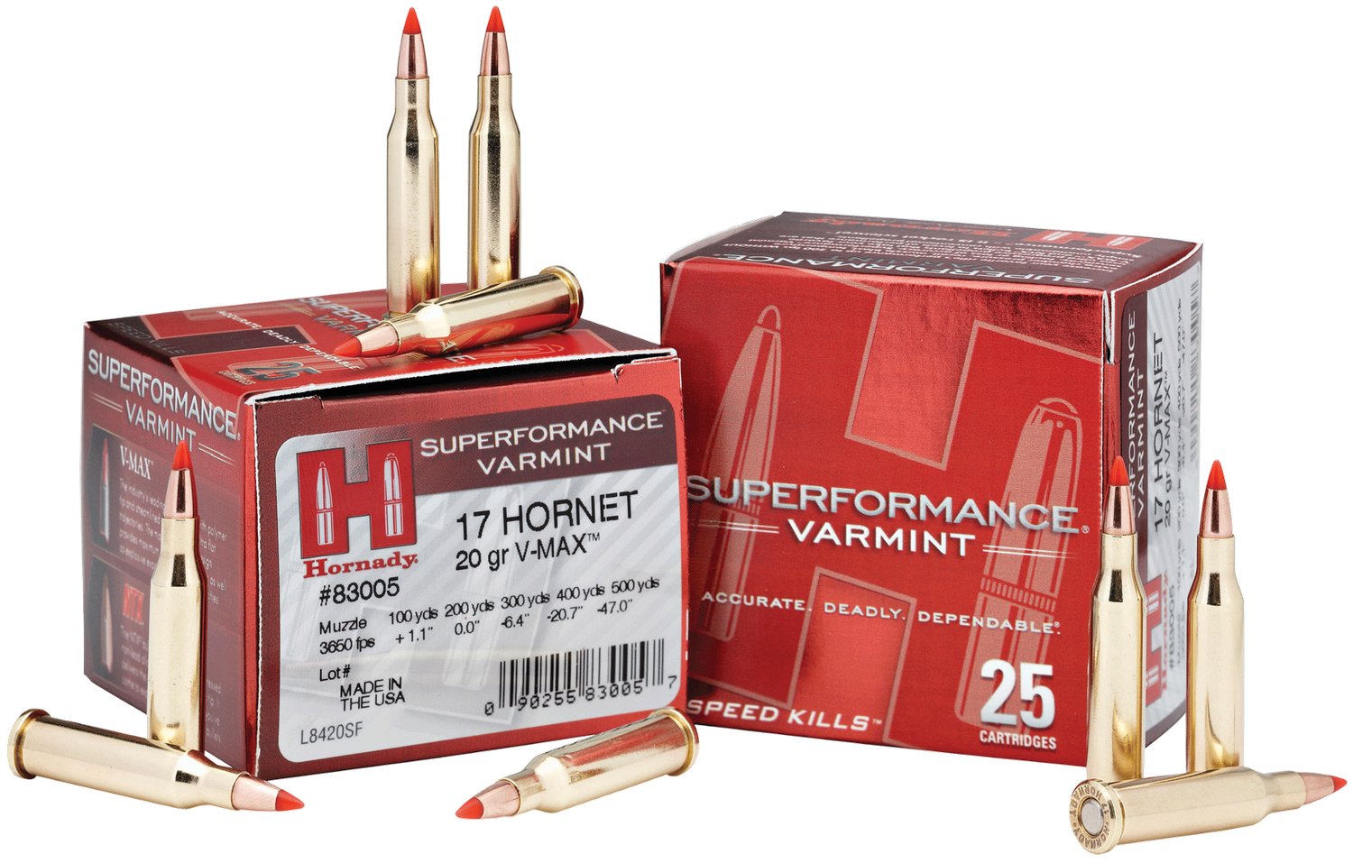 Hornady Superformance Varmint Rifle Ammunition 83005, 17 Hornet, V-Max, 20 GR, 3650 fps, 25 Rd/bx
