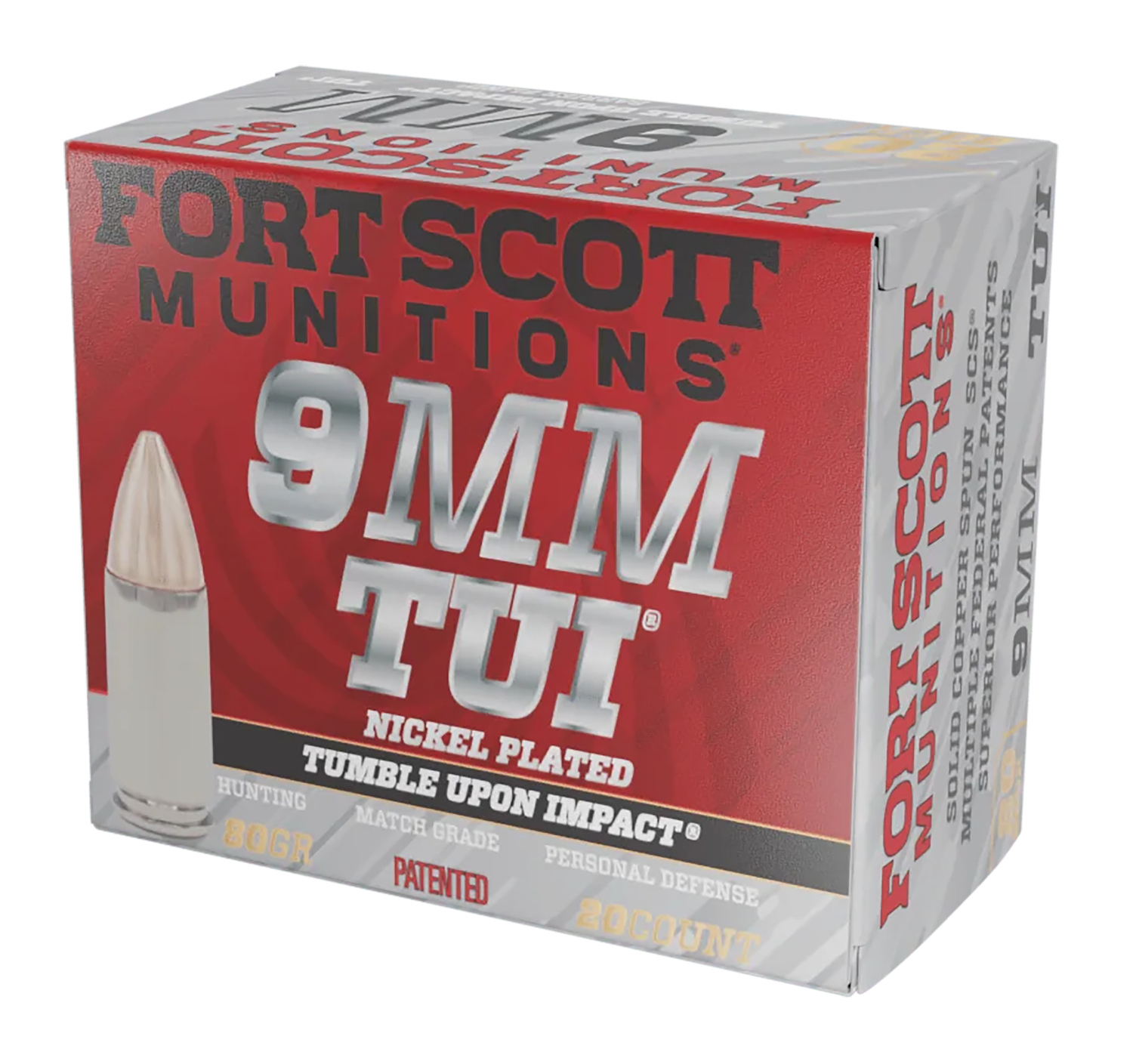 Fort Scott Munitions TUI Pistol Ammunition 9MM080SCVNIC, 9mm Luger, Solid Copper Spun, 80 gr, 1356 fps, 20 Rd/Bx