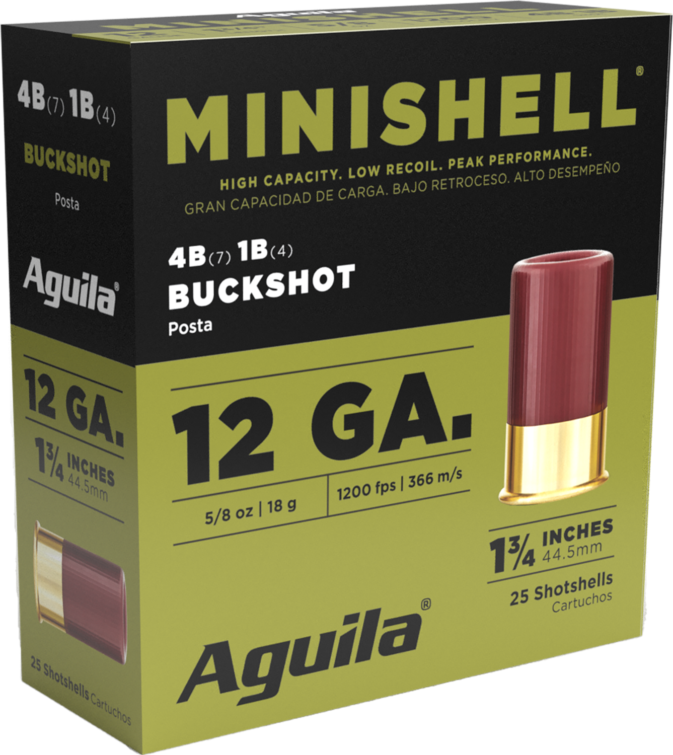 Aguila Minishell Buckshot Shotshells 1CHB1385, 12 Gauge, 1-3/4", 5/8 oz, 1200 fps, #4B (7P)/1B (4P) Lead Buckshot, 25 Rds/box