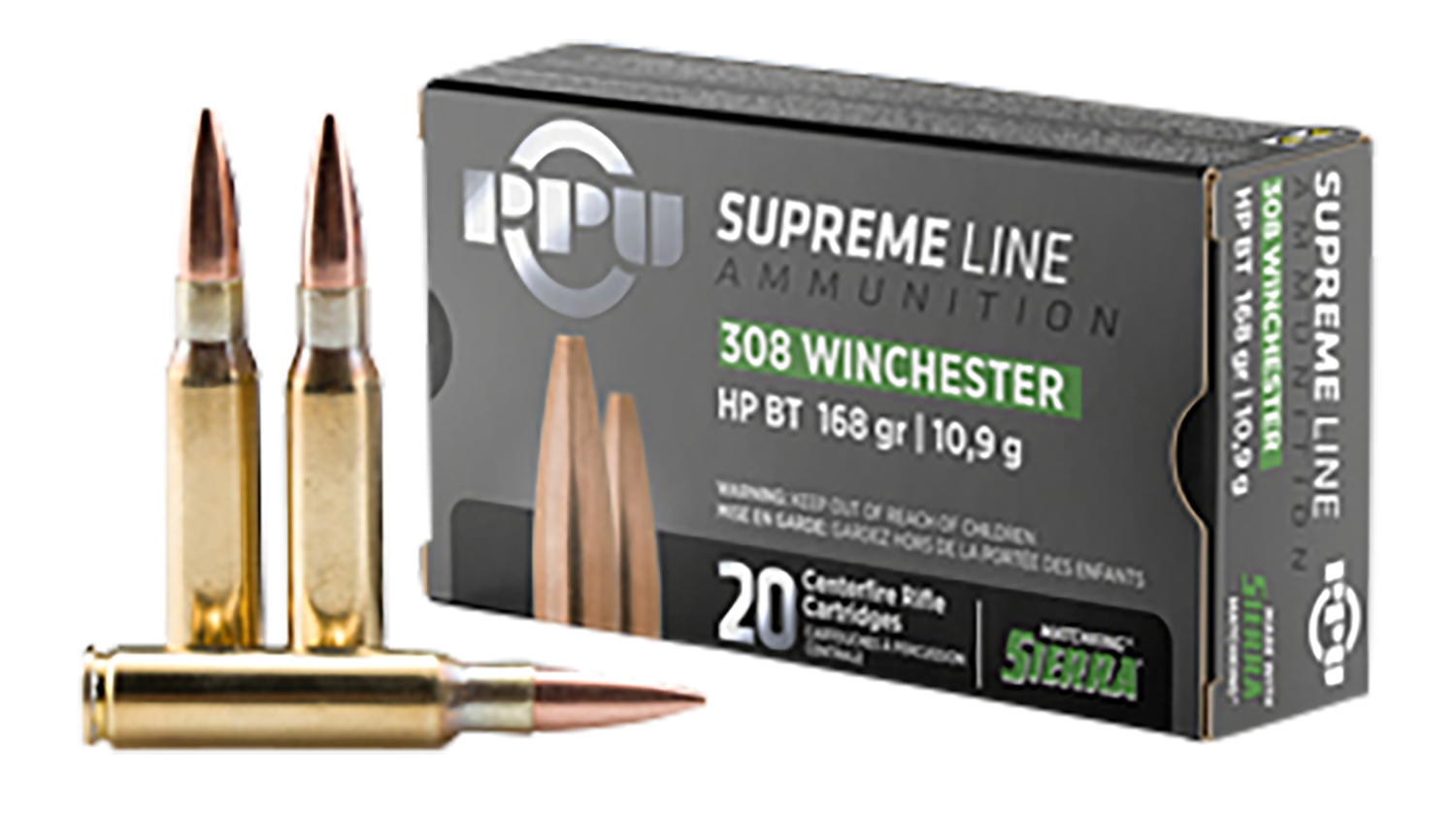 Prvi Partizan Supreme Rifle Ammunition PPMK308, 308 Win, Sierra MatchKing BTHP, 168 gr, 20 Rd/Bx