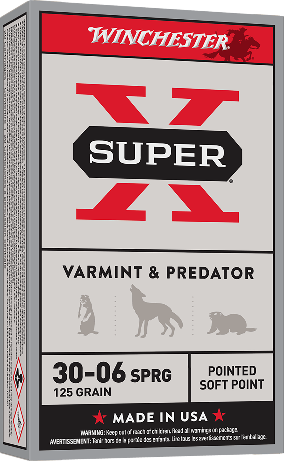 Winchester Super-X Rifle Ammunition X30062, 30-06 Springfield, Pointed Soft Point (SP), 125 GR, 3140 fps, 20 Rd/bx