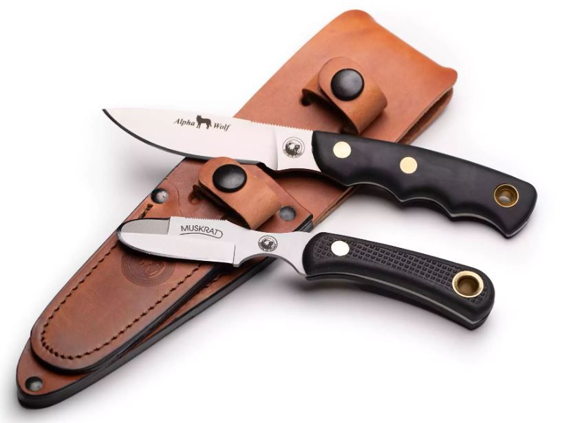 Knives of Alaska Alpha Wolf / Muskrat Combo, Leather Sheath, Suregrip Black Handle (00360FG)
