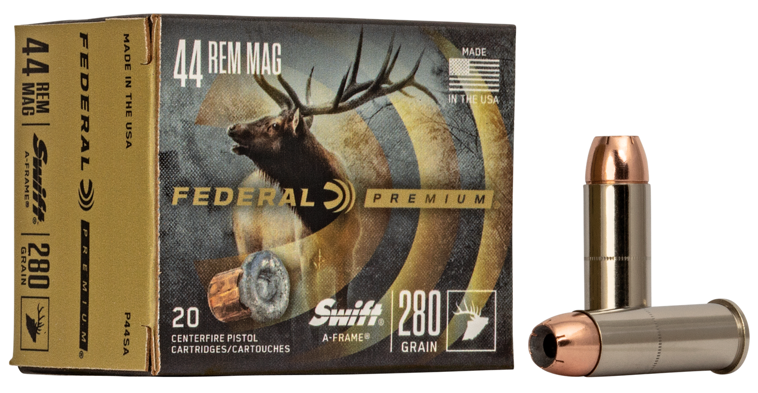 Federal Premium Handgun Cartridge P44SA, 44 Remington Magnum, Swift A-Frame, 280 GR, 1170 fps, 20 Rd/bx