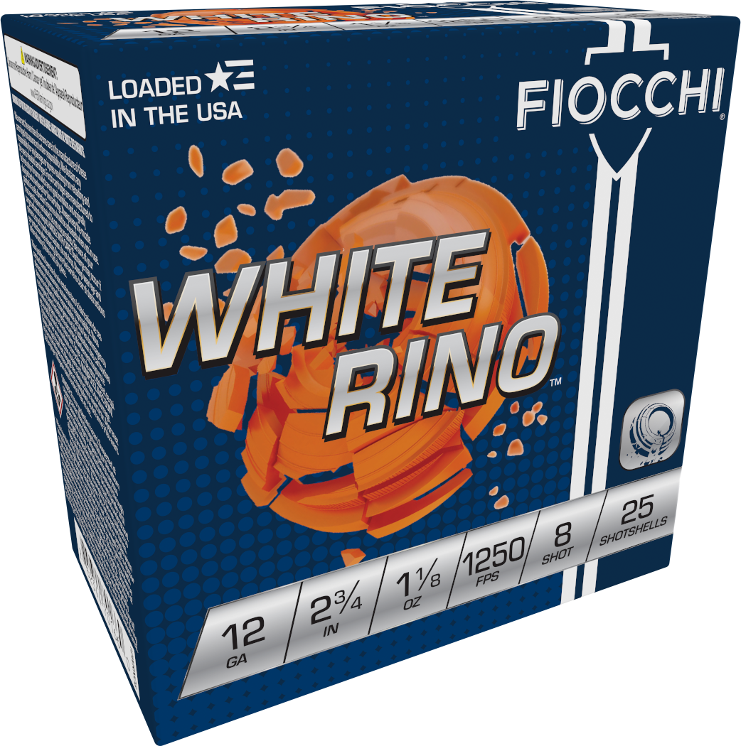 Fiocchi Premium Target White Rino Shotshells 12WRNO8, 12 Gauge, 2-3/4", 1-1/8 oz, 1250 fps, #8 Lead Shot, 25 Rds/Bx