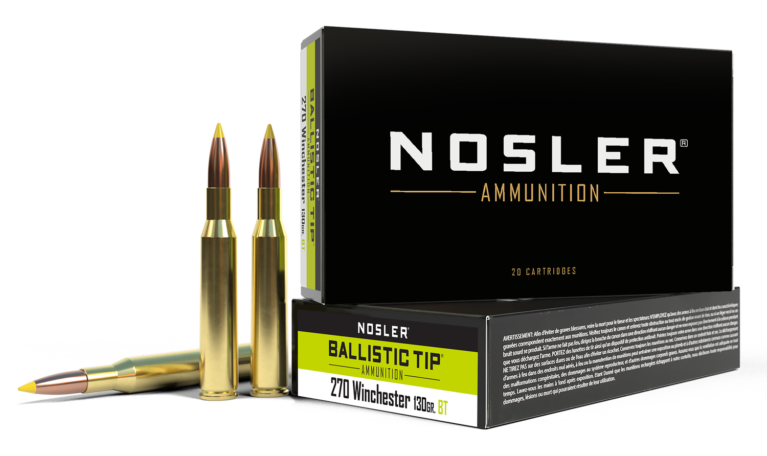 Nosler Rifle Ammunition 40062, 270 Win, Ballistic Tip, 130 gr, 3075 fps, 20 Rd/Bx