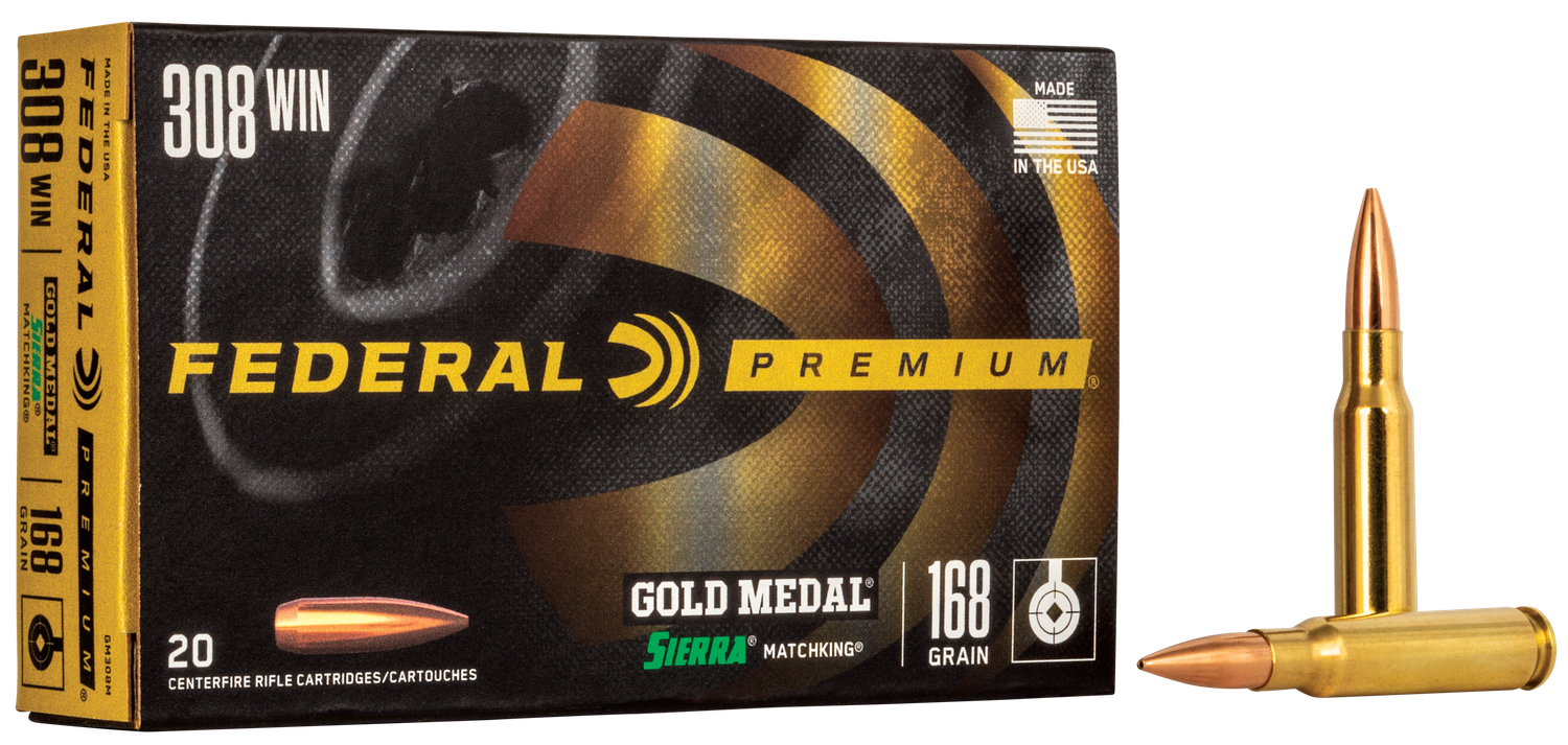 Federal Premium Gold Medal Rifle Ammunition GM308M, 308 Winchester, Sierra Match King BTHP, 168 GR, 2650 fps, 20 Rd/bx