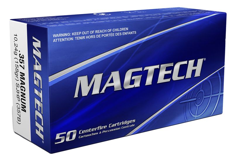 Magtech Sport HuntingPistol Ammunition 357B, 357 Magnum, Semi-Jacketed Hollow Point (HP), 158 GR, 1235 fps, 50 Rd/bx