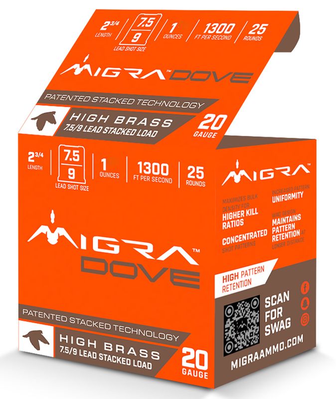 Migra High Brass Stacked Dove Shotshells M20LF759, 20 Gauge, 2 3/4", 1 oz, 1300 fps, 7.5/9 Shot, 25 Rd/bx