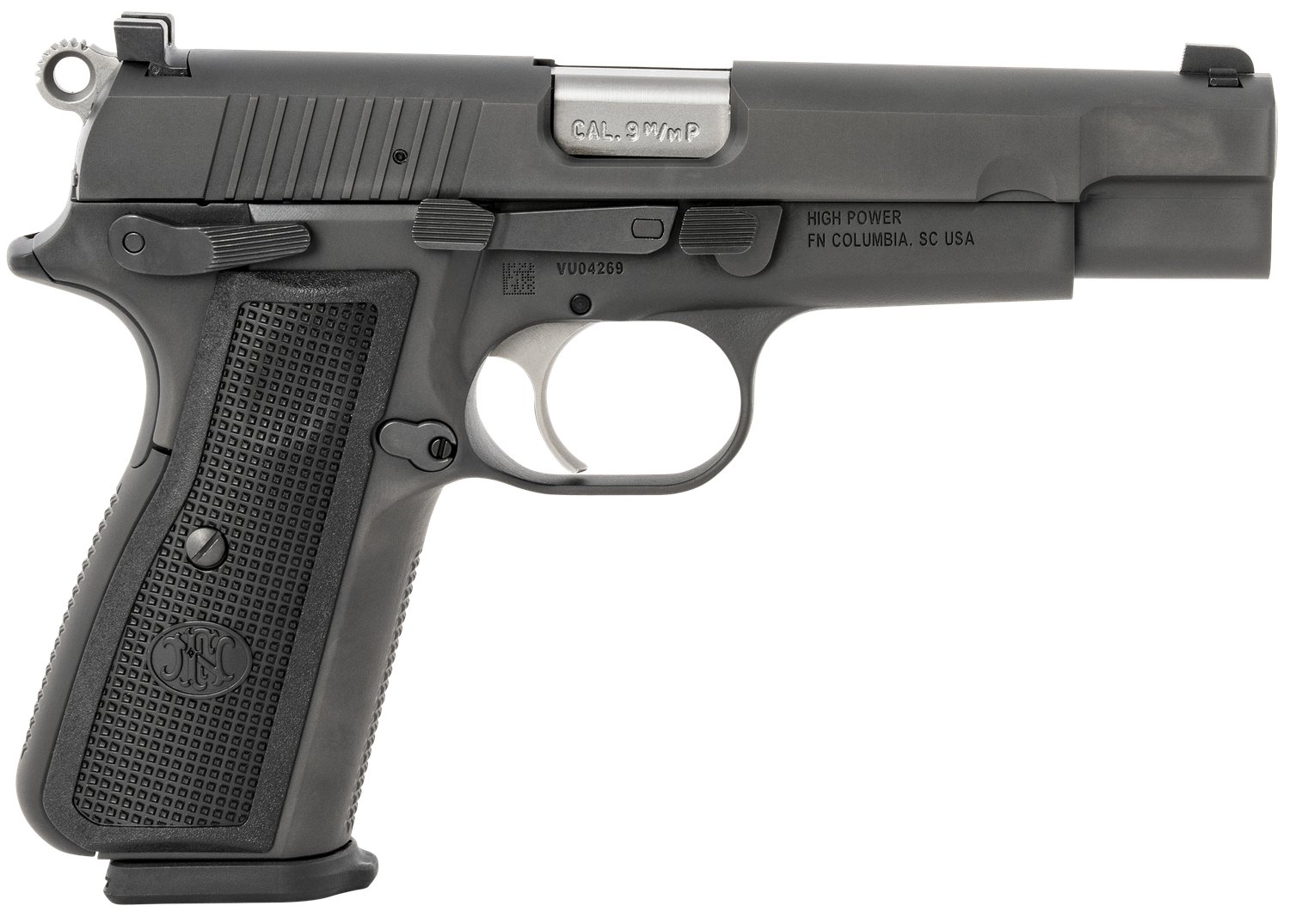 FN High Power Pistol 66100256, 9mm Luger, 4.7", Manual Safety, Black Polymer Grips, Matte Black Finish, 17 Rds