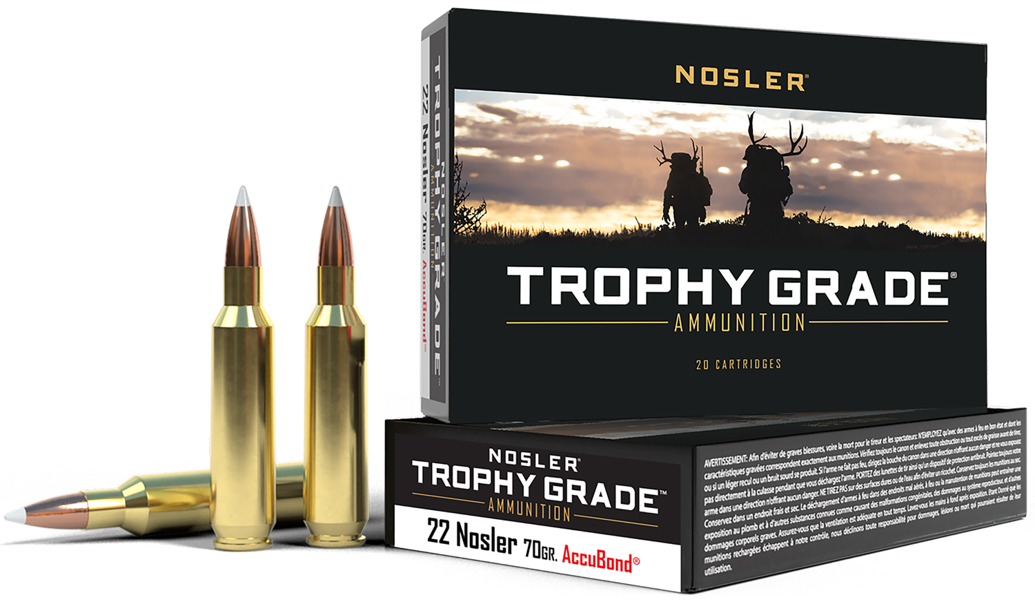 Nosler Trophy Grade Rifle Ammunition 60918, 22 Nosler, AccuBond, 70 GR, 3350 fps, 20 Rd/Bx