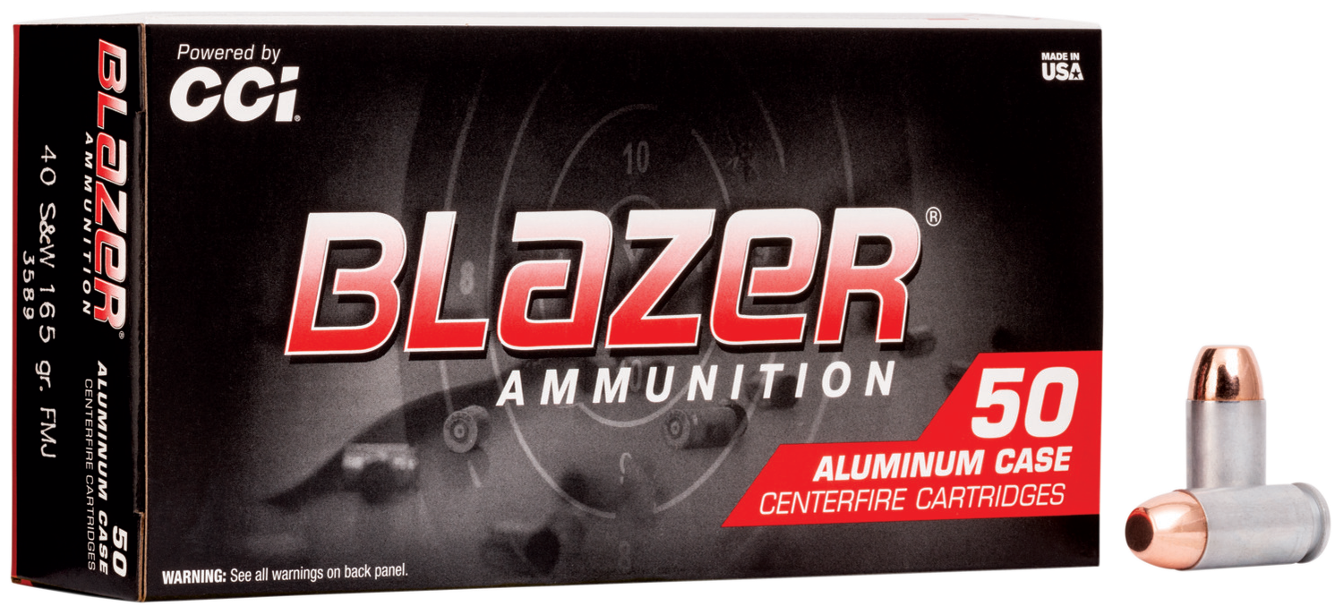CCI Blazer Aluminum Case Handgun Ammunition 3589, 40 S&W, Full Metal Jacket (FMJ), 165 GR, 1100 fps, 50 Rd/bx