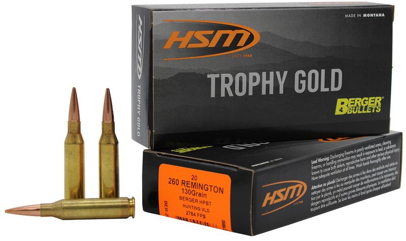 HSM Ammo Trophy Gold Extended Range Rifle Ammunition 260130VLD, 260 Rem, Berger Hunting VLD Match, 130  GR, 2784  fps, 20 Rd/bx