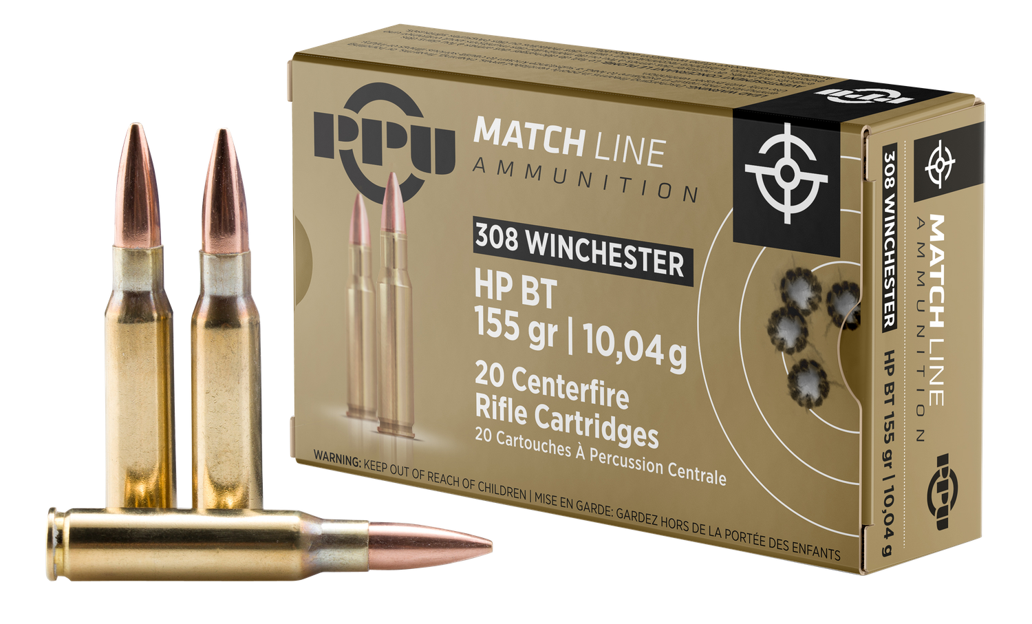 Prvi Partizan Rifle Ammunition PPM3081, 308 Winchester, Hollow Point Boat Tail (HPBT), 155 GR, 2569 fps, 20 Rd/bx