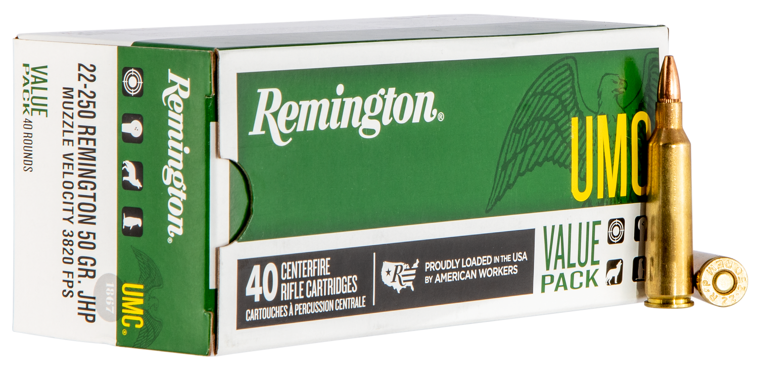 Remington UMC Rifle Ammunition Value Pack L22504B, 22-250 Remington, Jacketed Hollow Point (JHP), 50 GR, 3820 fps, 40 Rd/bx