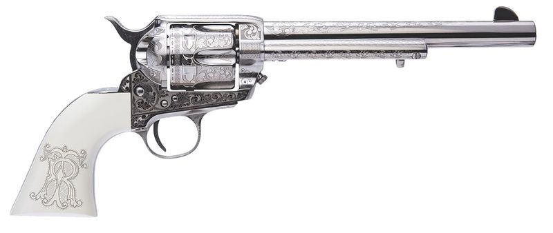 Cimarron Teddy Roosevelt Frontier Revolver PP415LNTRII, 45 Colt (LC), 7.50in, White w/Laser Engraved "T.R." Grips, Nickel-Plated Engraved Steel Finish, 6 Rds