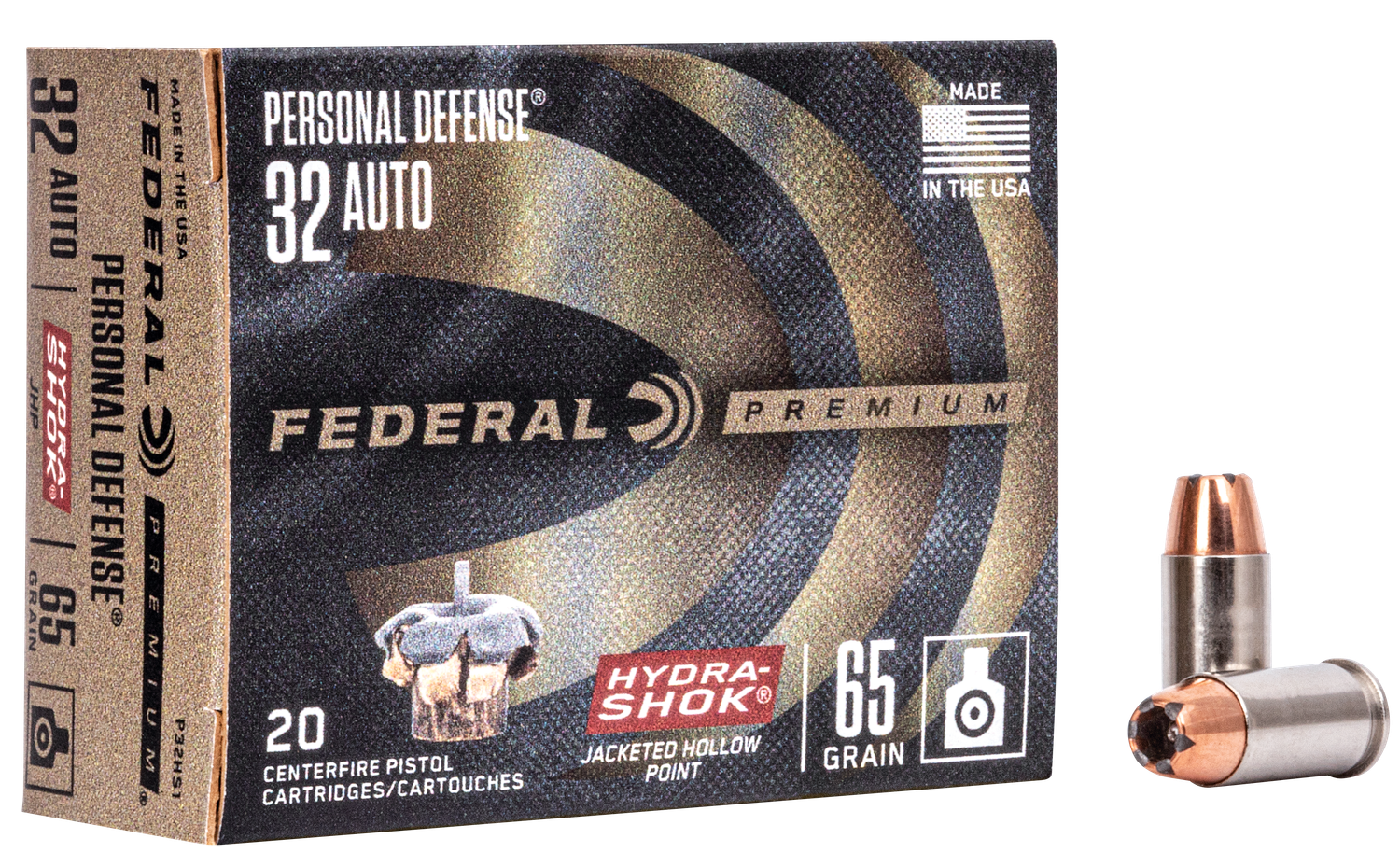 Federal Premium Vital-Shok Pistol Ammunition P32HS1, 32 ACP, Hydra-Shok JHP (JHP), 65 GR, 950 fps, 20 Rd/bx