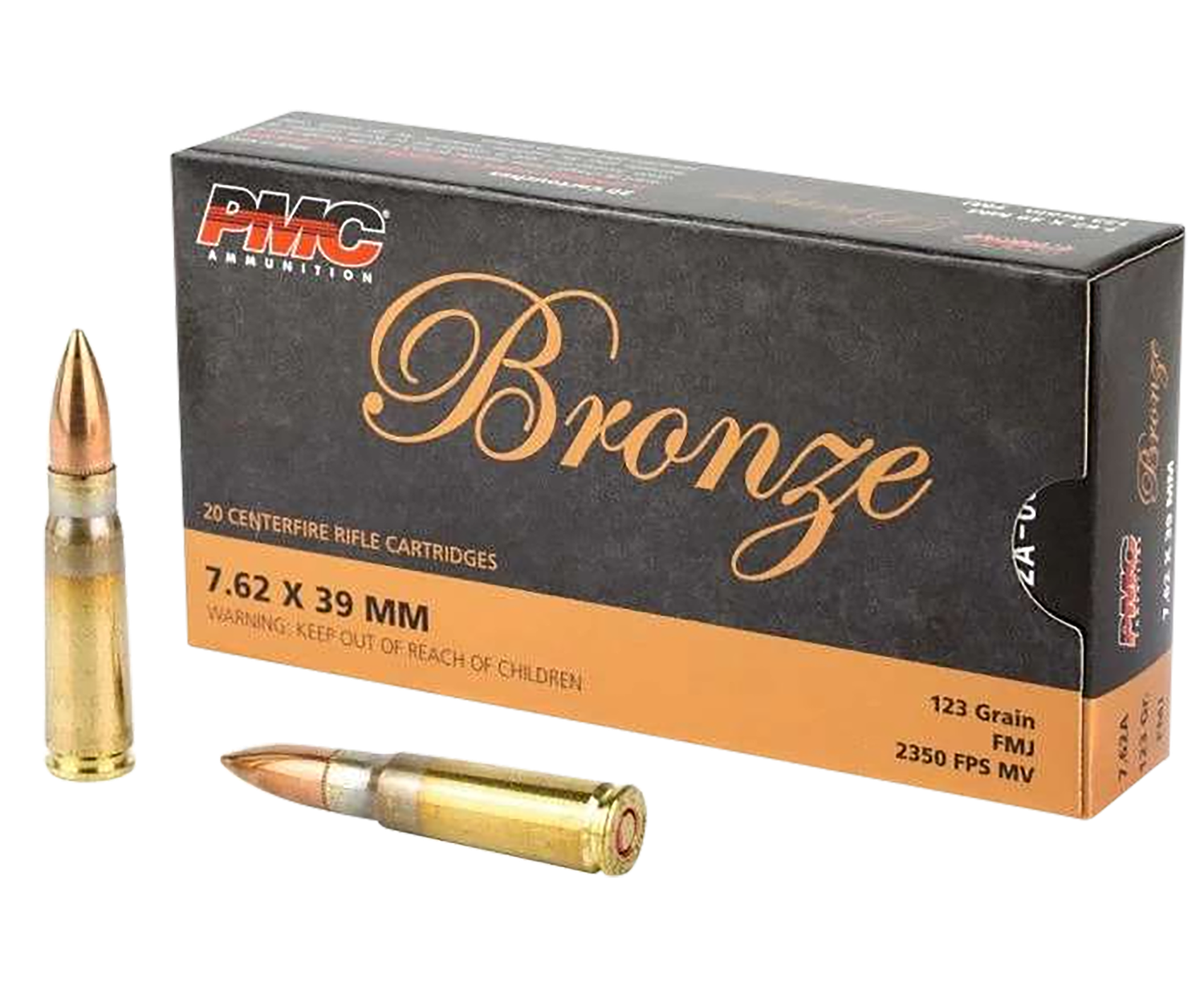PMC Bronze Line Rifle Ammunition 762A, 7.62x39mm, Full Metal Jacket (FMJ), 123 GR, 2350 fps, 20 Rd/bx