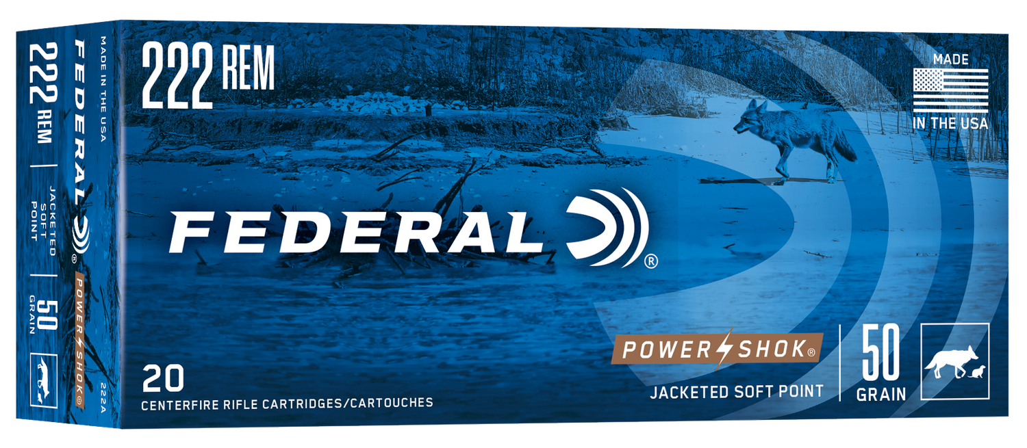 Federal Premium Power Shok Rifle Ammunition 222A, 222 Remington, Soft Point (SP), 50 GR, 3140 fps, 20 Rd/bx