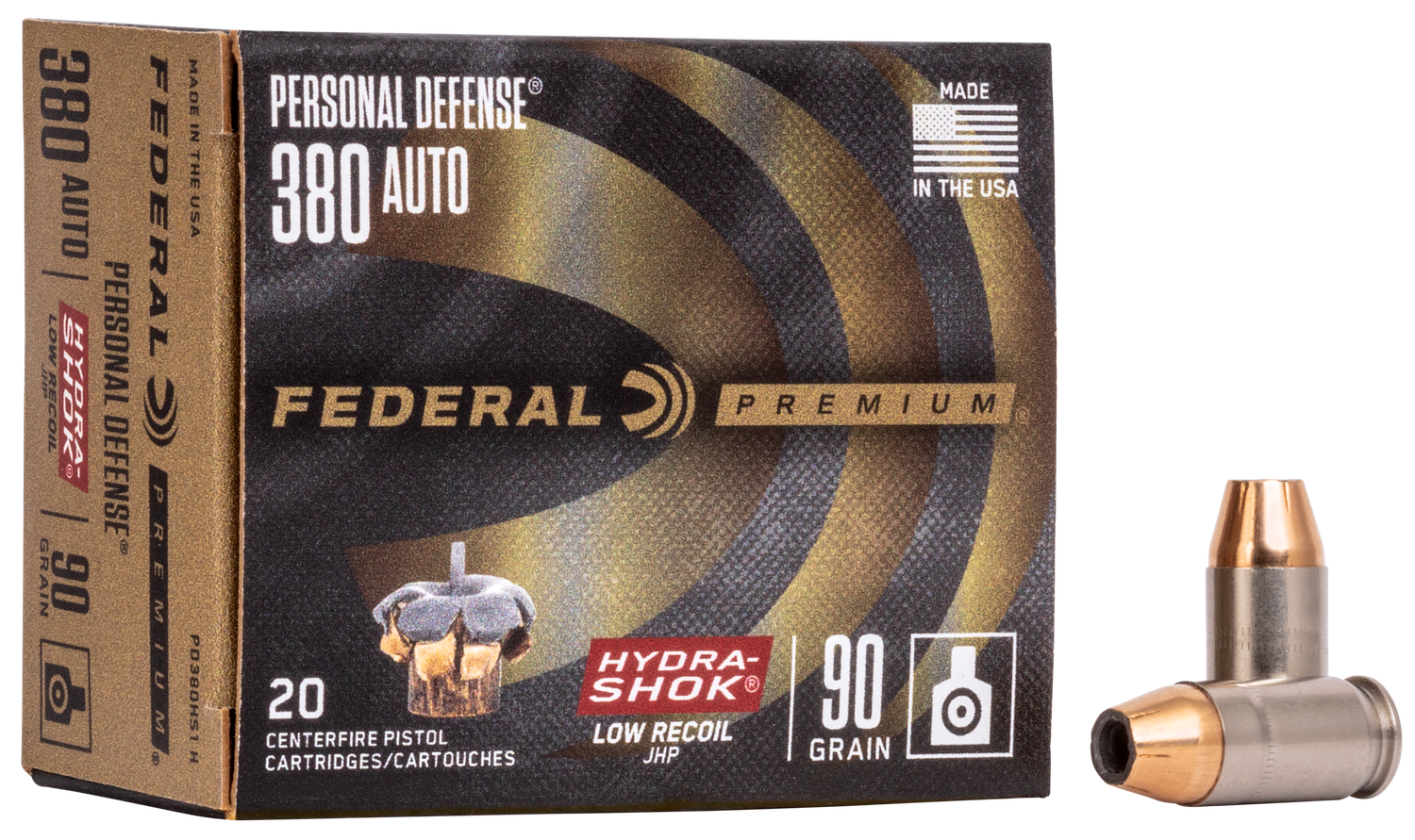 Federal Premium Personal Defense Pistol Ammunition PD380HS1H, 380 ACP, Hydra-Shok JHP (JHP), 90 GR, 1000 fps, 20 Rd/bx