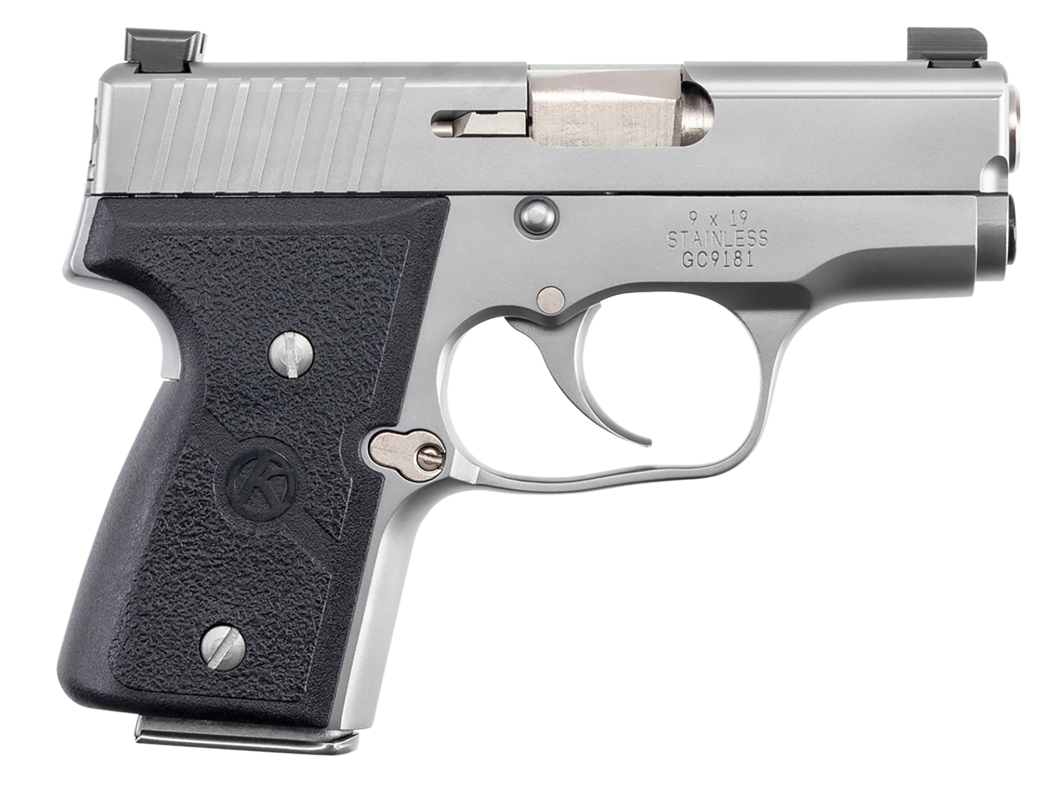 Kahr MK9 Double Action Pistol M9093N, 9mm, 3", Wraparound Textured Nylon Grip, Stainless Finish, 6 Rd, 7 Rd ( Grip Extension), Night Sights