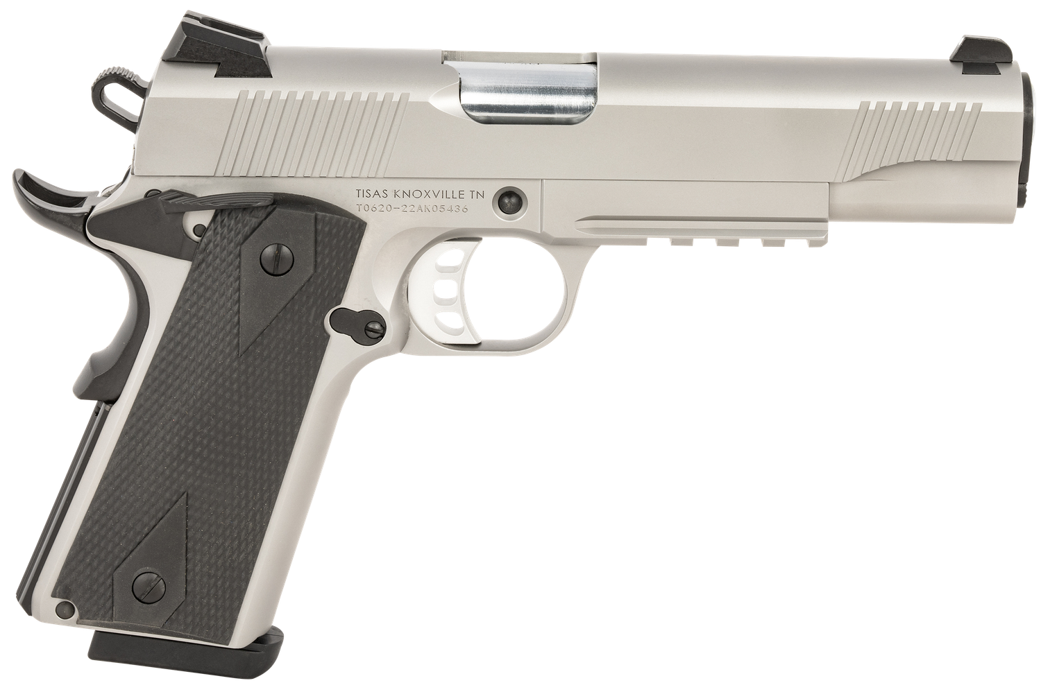 Tisas 1911 Duty Pistol 10100533, 45 ACP, 5in, Black Overmolded, Satin Stainless Finish, 8 Rds