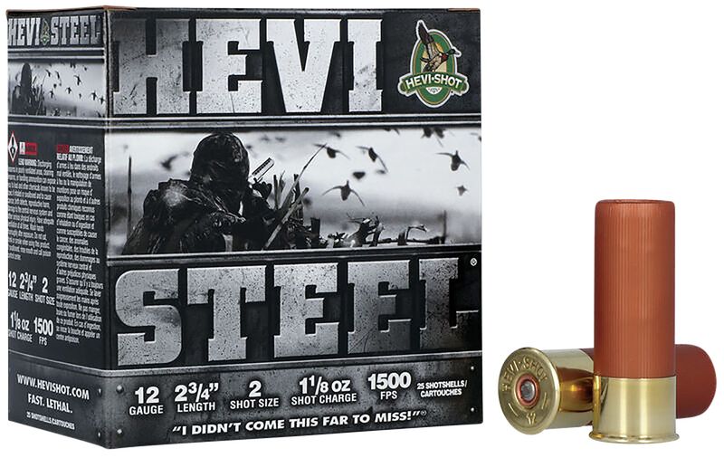 Hevishot Hevi-Steel Shotshells 61222, 12 Gauge, 2 3/4", 1-1/8 oz, 1500 fps, #2 Shot, 25 Rds/Bx