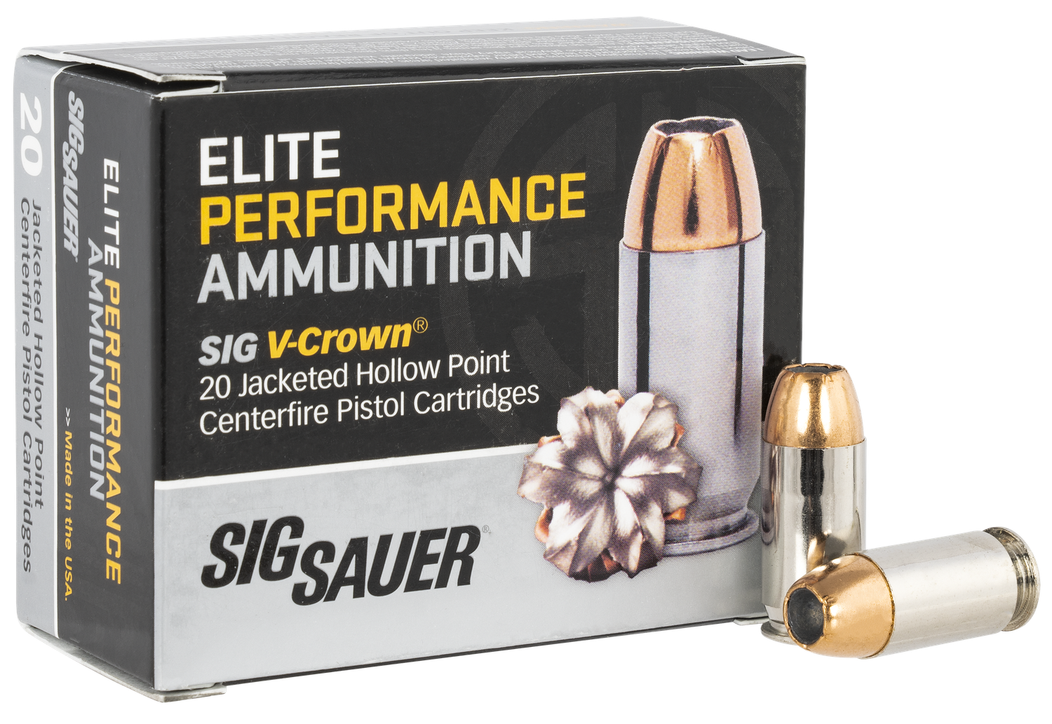 Sig Sauer Elite Performance Pistol Ammunition E45AP1, 45 ACP, JHP V-Crown, 200 GR, 918 fps, 20 Rd/bx