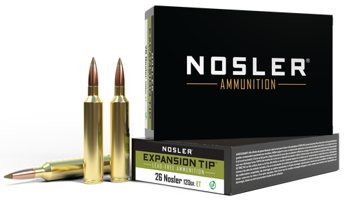 Nosler E-Tip Rifle Ammunition 40302, 26 Nosler, E-Tip Lead-Free, 120 gr, 3450 fps, 20 Rd/Bx